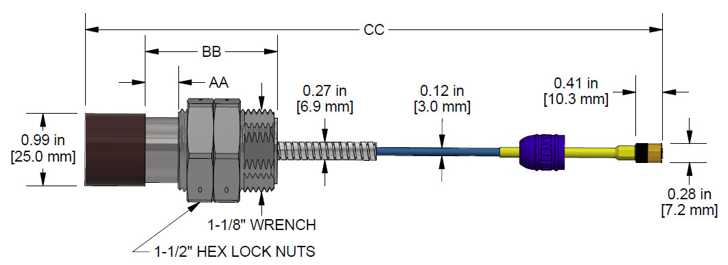A dimension drawing of a Standard Mount CTC PRO Line Hazardous-Area Approved DP1008 with Armor proximity probe.